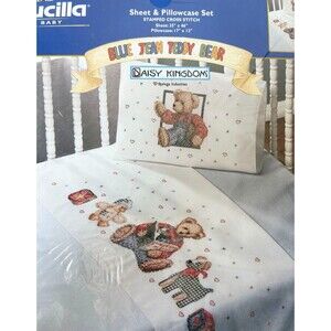Bucilla Blue Jean Teddy Bear Sheet & Pillowcase Cross Stitch Kit Daisy Kingdom